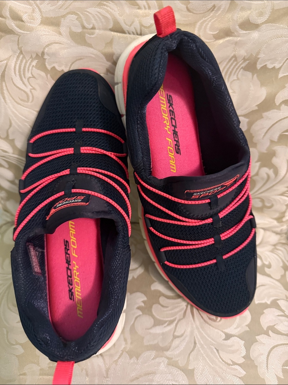 Skechers Women's Navy and Hot Pink Slip-On Memory Foam Sneakers